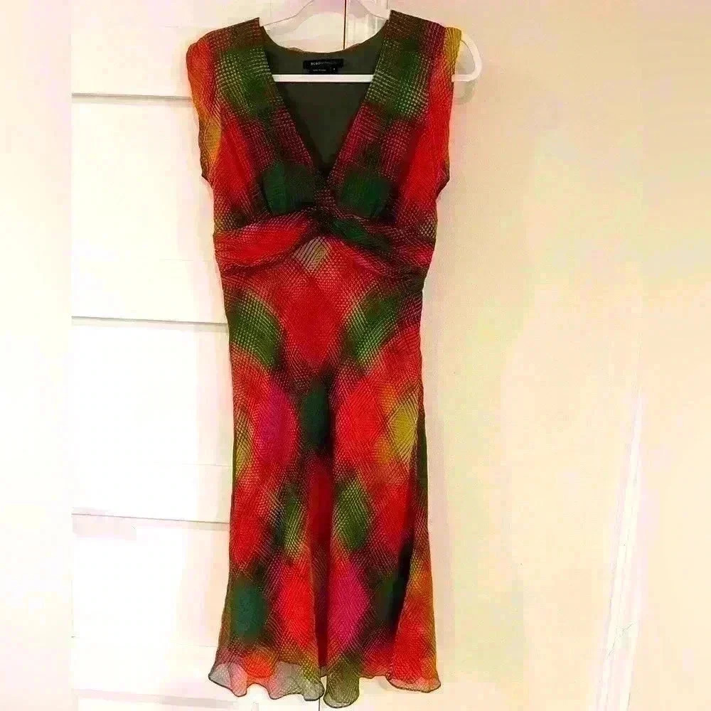 BCBGMaxAzria Orange and Green Silk Dress- Size 6- Excellent Condition